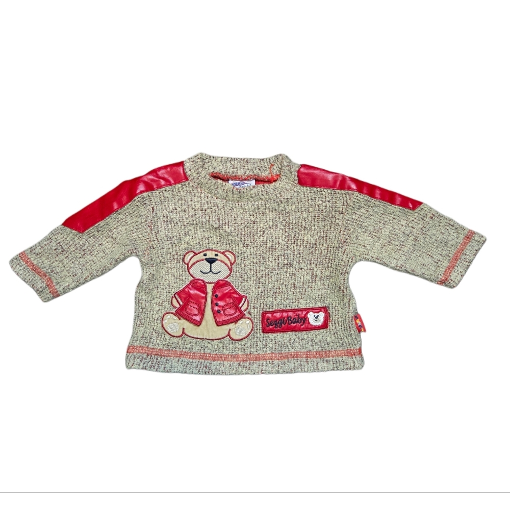 Vtg Seggy Baby Cozy Knit‎ Sweater 6–9 Months Teddy Bear Motif Red Faux Leather